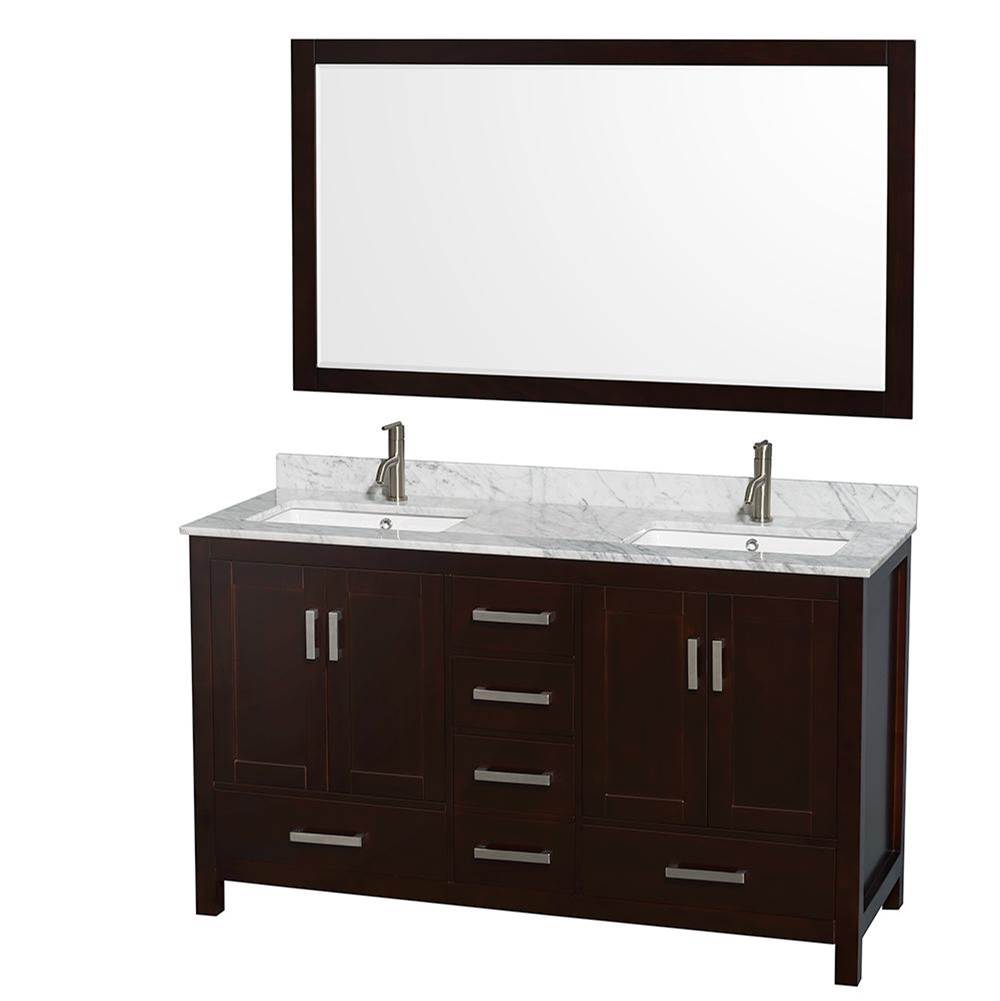 Wyndham Collection Sheffield 60 Inch Double Bathroom Vanity in Espresso, White Carrara Marble Countertop, Undermount Square Sinks, and 58 Inch Mirror