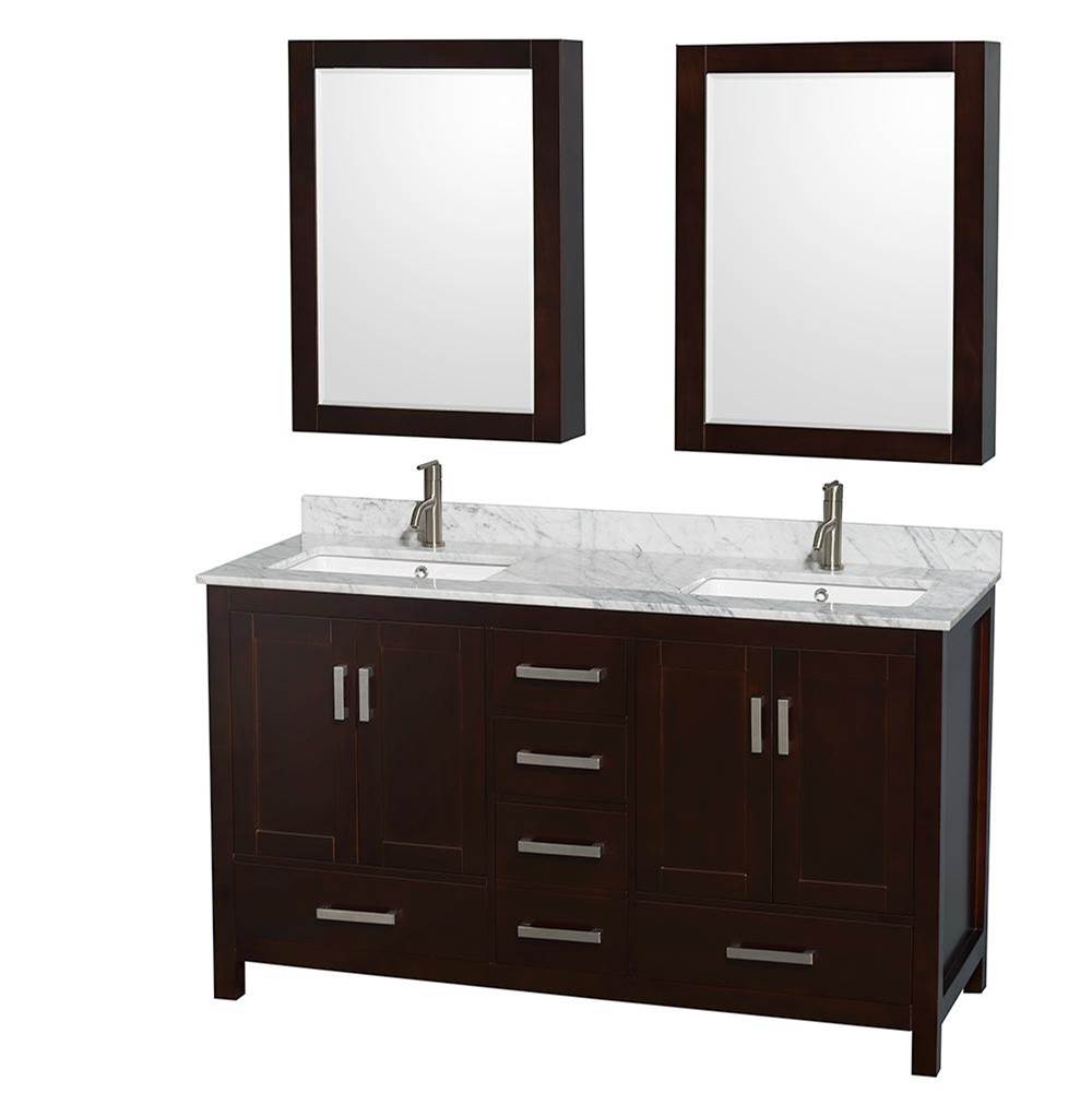 Wyndham Collection Sheffield 60 Inch Double Bathroom Vanity in Espresso, White Carrara Marble Countertop, Undermount Square Sinks, and Medicine Cabinets
