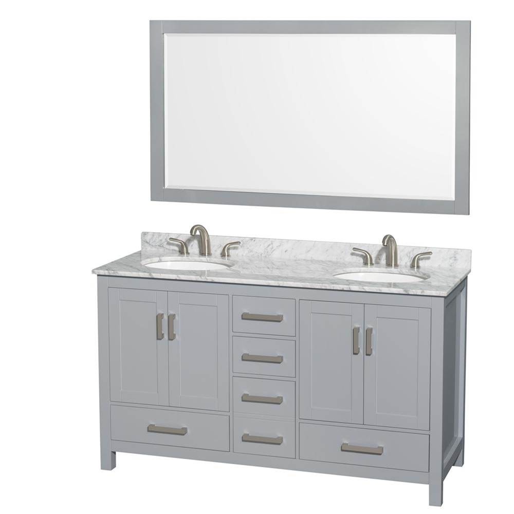 Wyndham Collection Sheffield 60 Inch Double Bathroom Vanity in Gray, White Carrara Marble Countertop, Undermount Oval Sinks, and 58 Inch Mirror