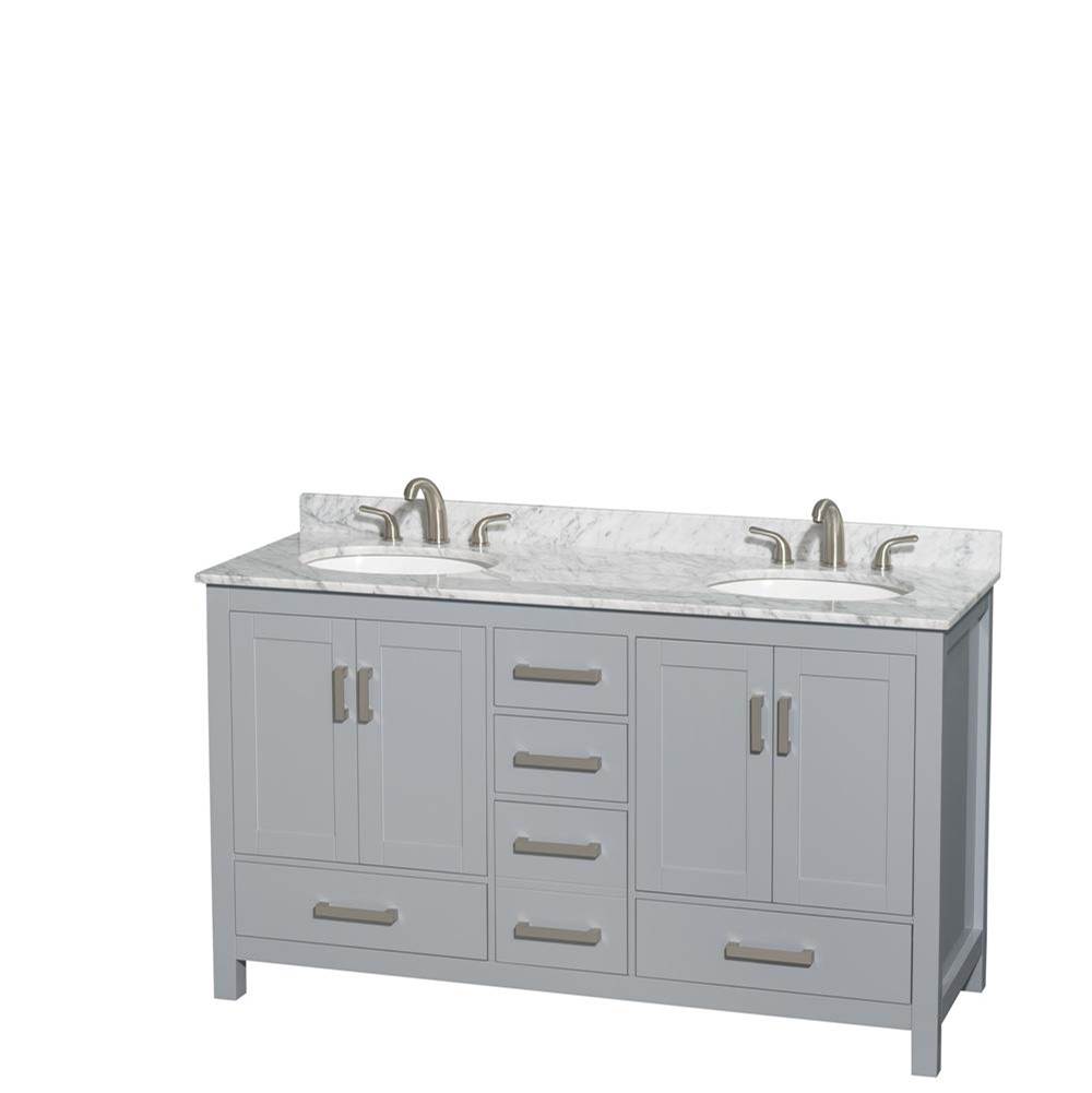 Wyndham Collection Sheffield 60 Inch Double Bathroom Vanity in Gray, White Carrara Marble Countertop, Undermount Oval Sinks, and No Mirror