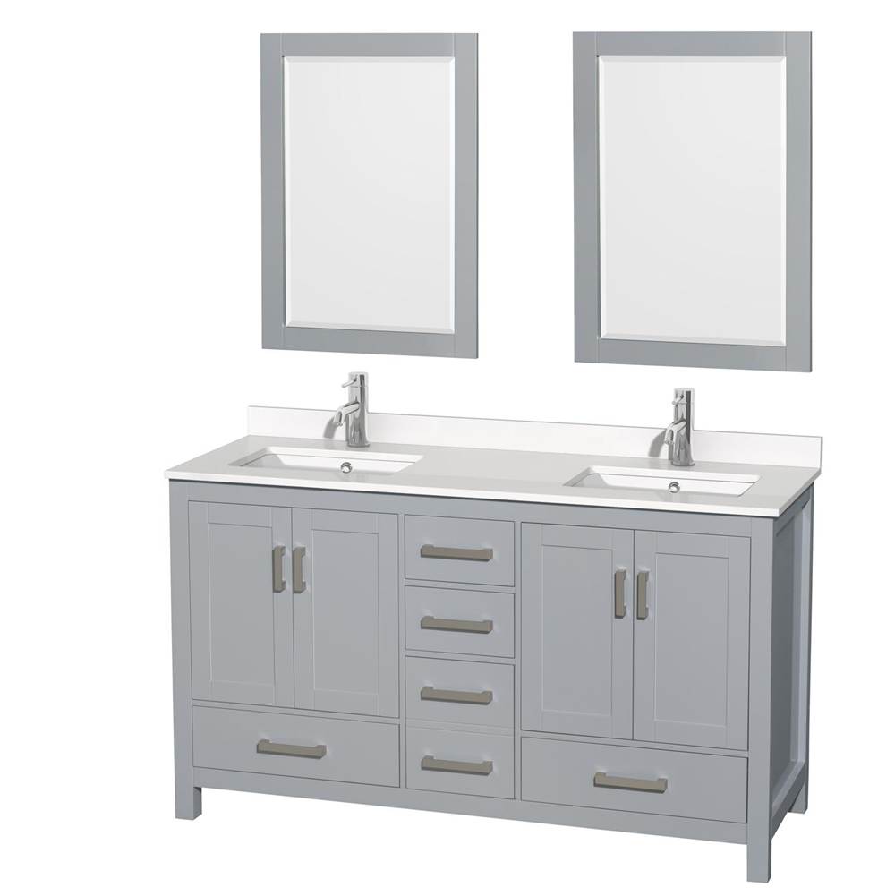 Wyndham Collection Sheffield 60 Inch Double Bathroom Vanity in Gray, White Quartz Countertop, Undermount Square Sinks, 24 Inch Mirrors