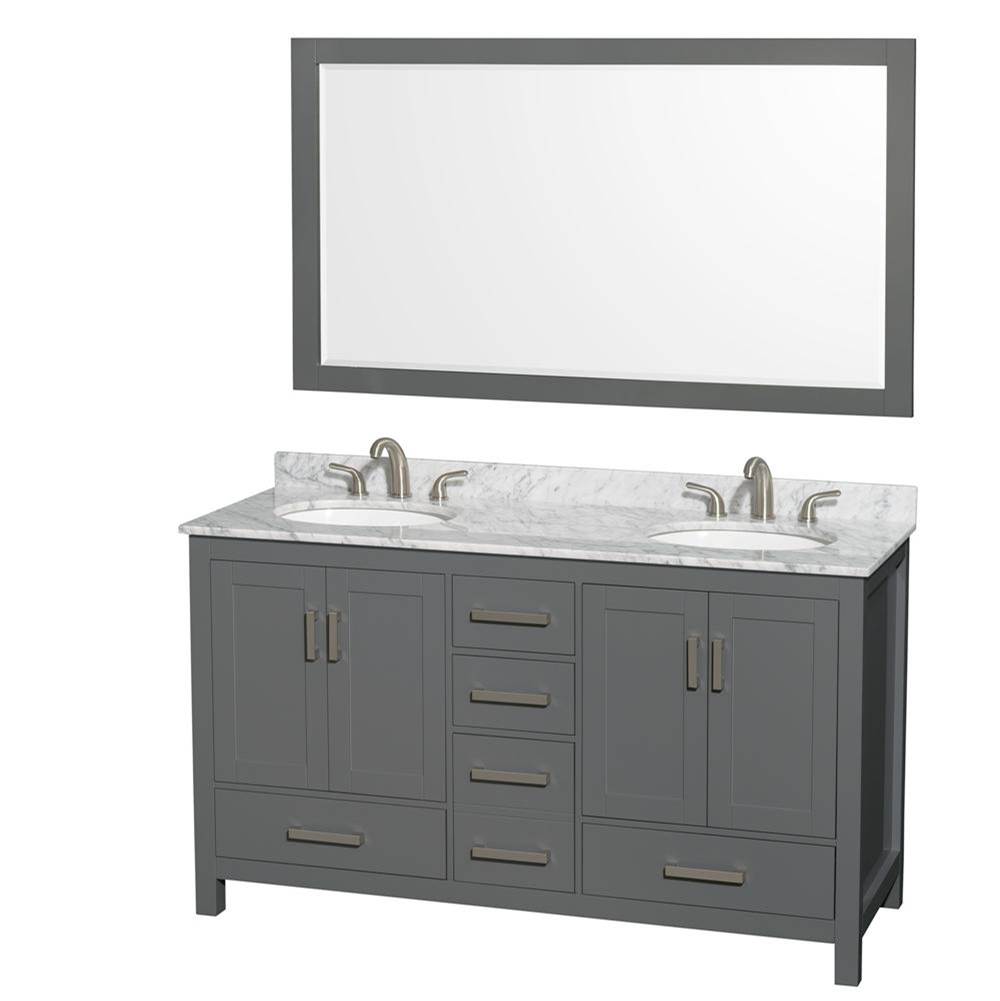 Wyndham Collection Sheffield 60 Inch Double Bathroom Vanity in Dark Gray, White Carrara Marble Countertop, Undermount Oval Sinks, and 58 Inch Mirror