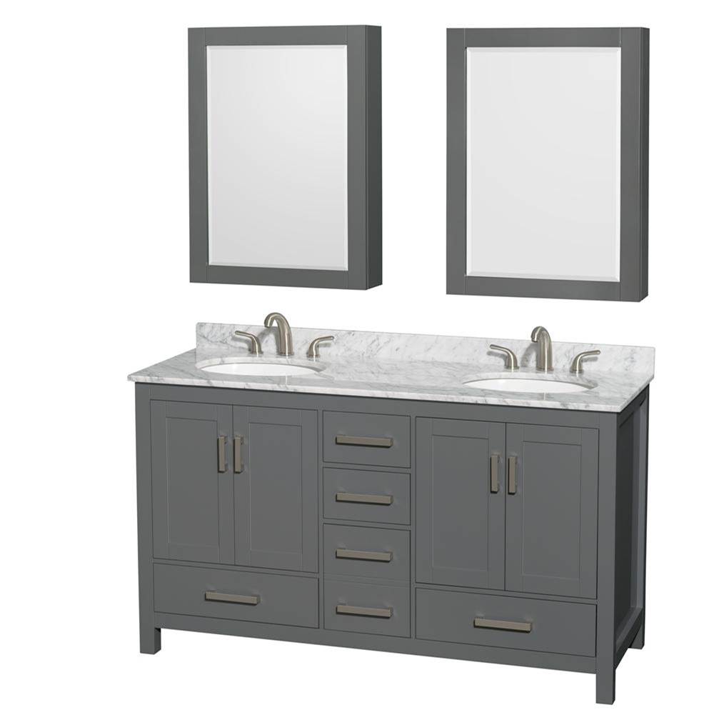Wyndham Collection Sheffield 60 Inch Double Bathroom Vanity in Dark Gray, White Carrara Marble Countertop, Undermount Oval Sinks, and Medicine Cabinets