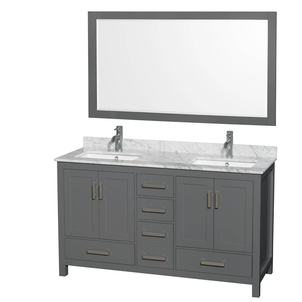 Wyndham Collection Sheffield 60 Inch Double Bathroom Vanity in Dark Gray, White Carrara Marble Countertop, Undermount Square Sinks, and 58 Inch Mirror
