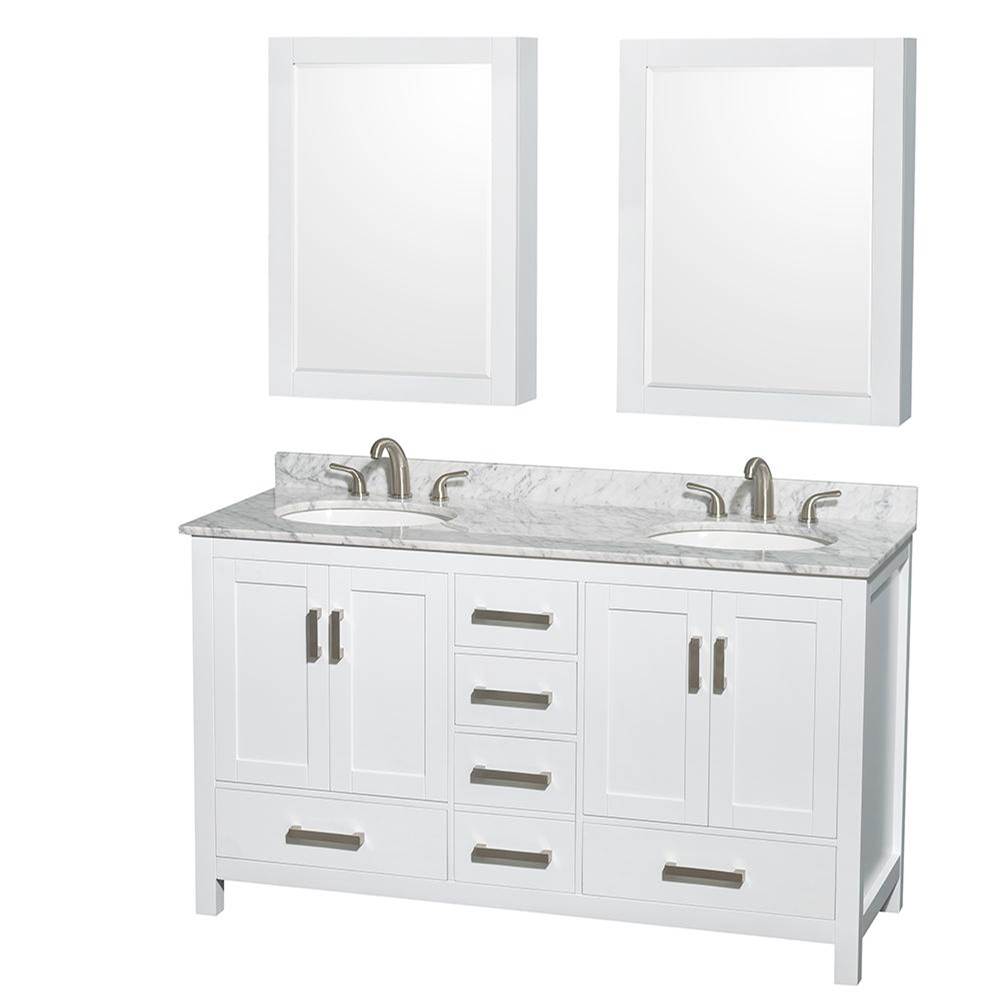 Wyndham Collection Sheffield 60 Inch Double Bathroom Vanity in White, White Carrara Marble Countertop, Undermount Oval Sinks, and Medicine Cabinets