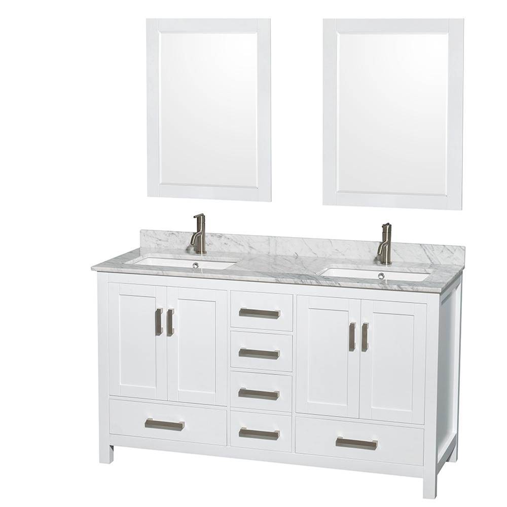 Wyndham Collection Sheffield 60 Inch Double Bathroom Vanity in White, White Carrara Marble Countertop, Undermount Square Sinks, and 24 Inch Mirrors