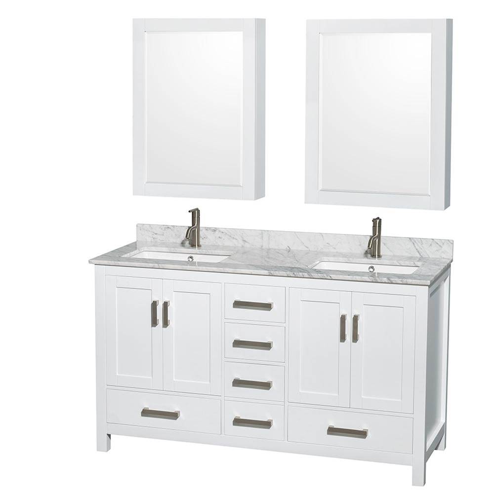 Wyndham Collection Sheffield 60 Inch Double Bathroom Vanity in White, White Carrara Marble Countertop, Undermount Square Sinks, and Medicine Cabinets