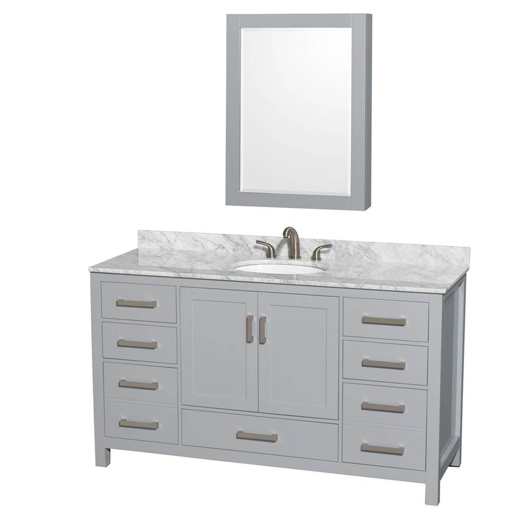Wyndham Collection Sheffield 60 Inch Single Bathroom Vanity in Gray, White Carrara Marble Countertop, Undermount Oval Sink, and Medicine Cabinet