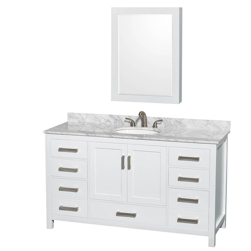 Wyndham Collection Sheffield 60 Inch Single Bathroom Vanity in White, White Carrara Marble Countertop, Undermount Oval Sink, and Medicine Cabinet