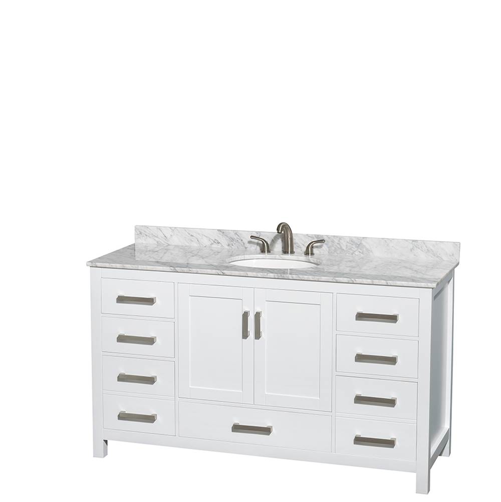 Wyndham Collection Sheffield 60 Inch Single Bathroom Vanity in White, White Carrara Marble Countertop, Undermount Oval Sink, and No Mirror