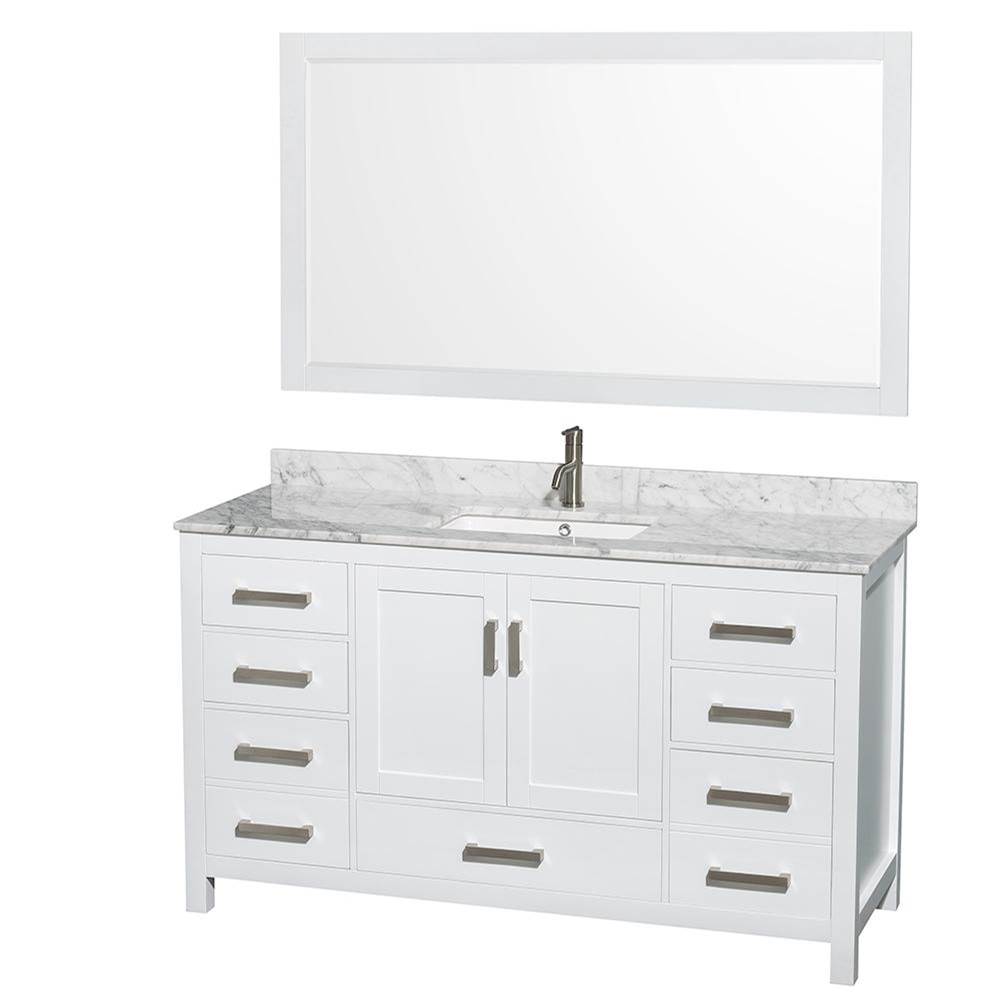 Wyndham Collection Sheffield 60 Inch Single Bathroom Vanity in White, White Carrara Marble Countertop, Undermount Square Sink, and 58 Inch Mirror