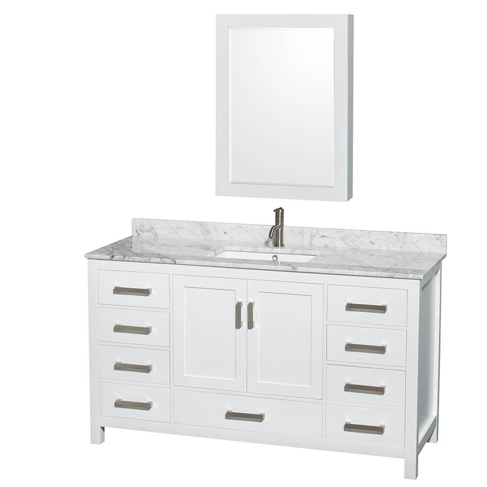Wyndham Collection Sheffield 60 Inch Single Bathroom Vanity in White, White Carrara Marble Countertop, Undermount Square Sink, and Medicine Cabinet