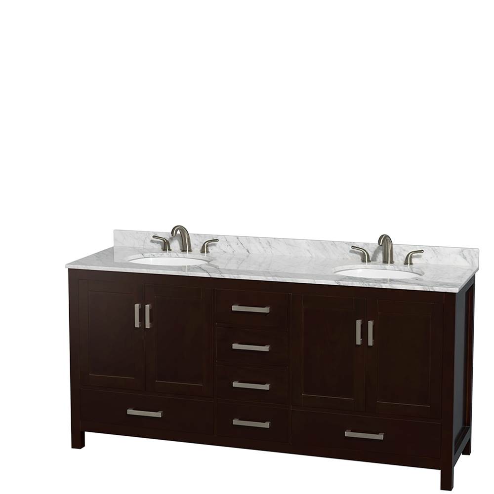 Wyndham Collection Sheffield 72 Inch Double Bathroom Vanity in Espresso, White Carrara Marble Countertop, Undermount Oval Sinks, and No Mirror