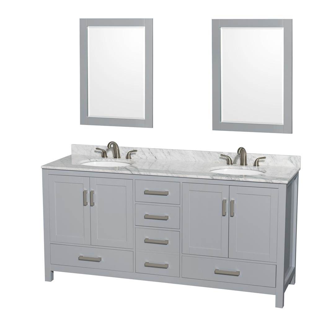 Wyndham Collection Sheffield 72 Inch Double Bathroom Vanity in Gray, White Carrara Marble Countertop, Undermount Oval Sinks, and 24 Inch Mirrors