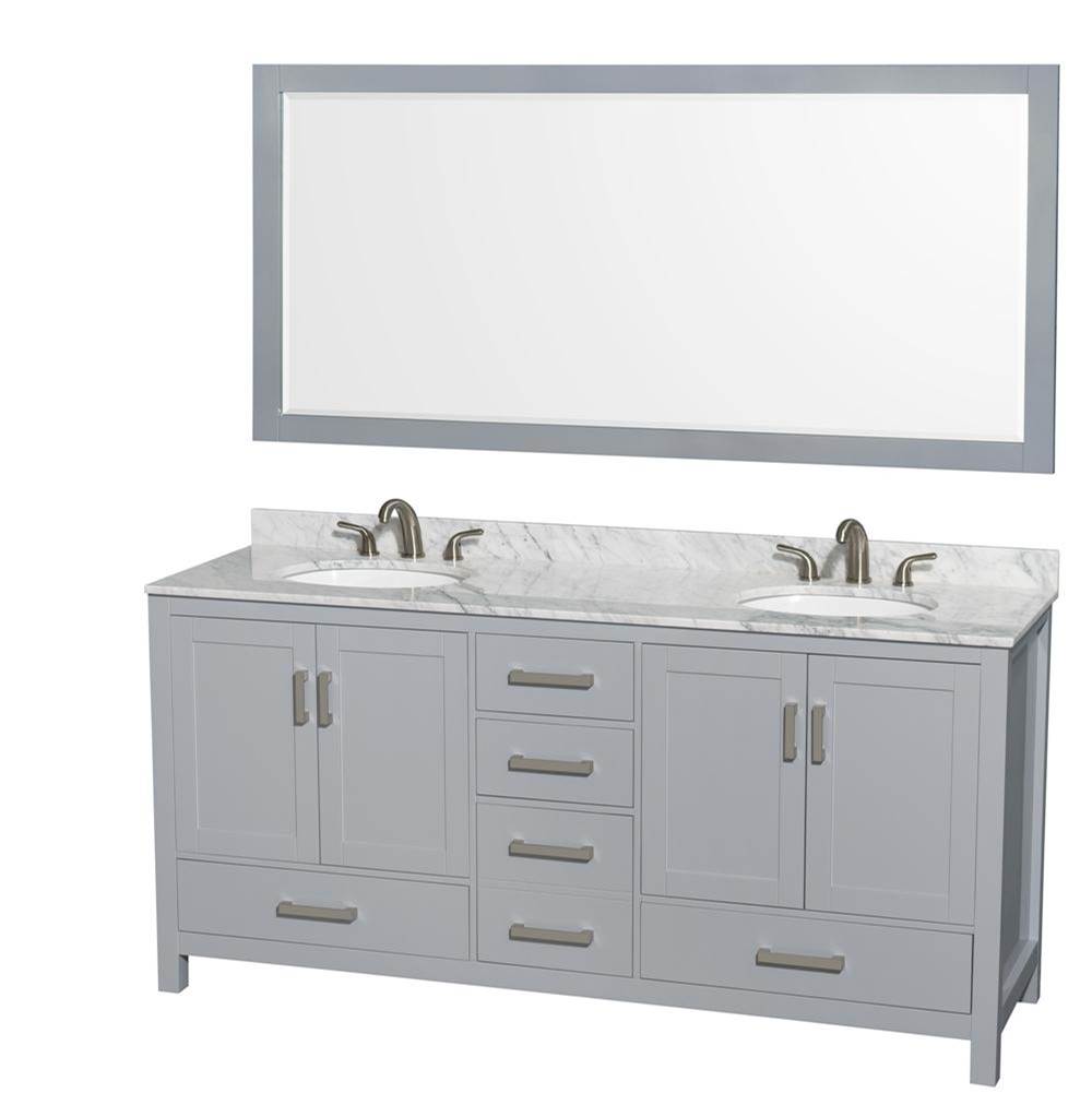 Wyndham Collection Sheffield 72 Inch Double Bathroom Vanity in Gray, White Carrara Marble Countertop, Undermount Oval Sinks, and 70 Inch Mirror