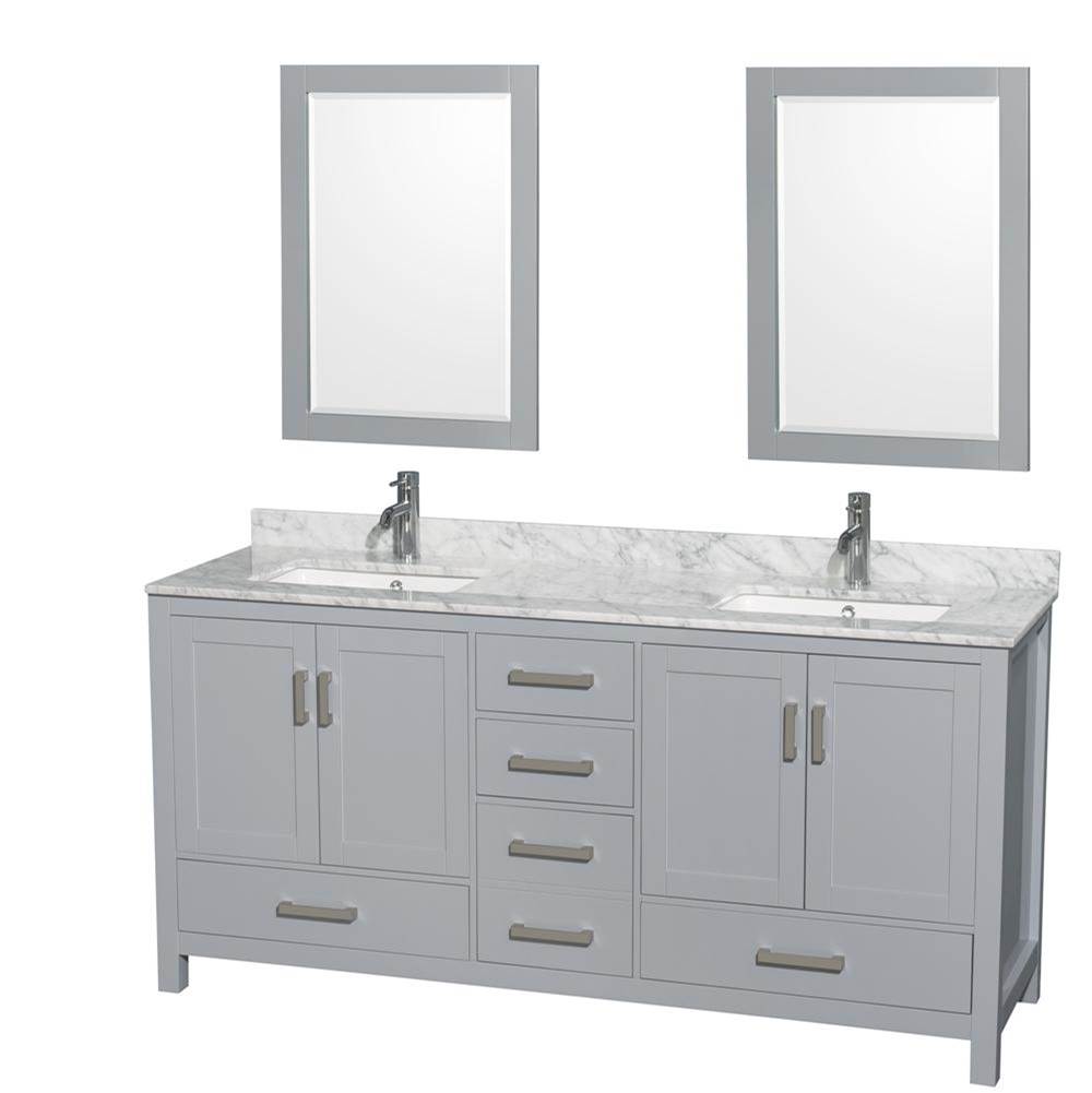 Wyndham Collection Sheffield 72 Inch Double Bathroom Vanity in Gray, White Carrara Marble Countertop, Undermount Square Sinks, and 24 Inch Mirrors