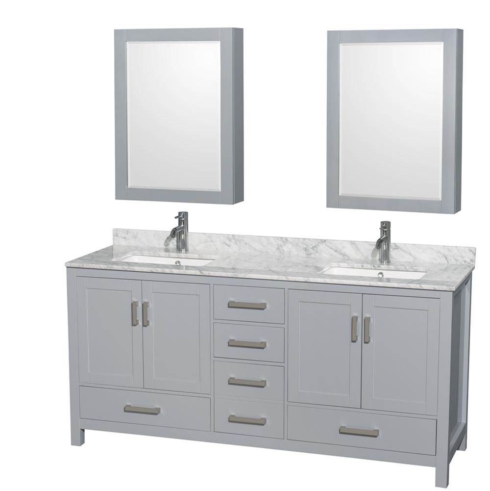 Wyndham Collection Sheffield 72 Inch Double Bathroom Vanity in Gray, White Carrara Marble Countertop, Undermount Square Sinks, and Medicine Cabinets
