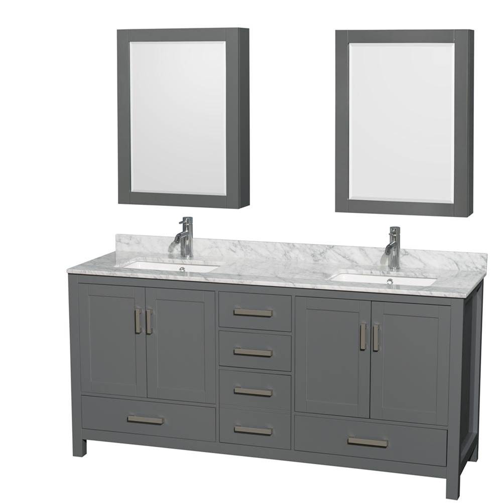 Wyndham Collection Sheffield 72 Inch Double Bathroom Vanity in Dark Gray, White Carrara Marble Countertop, Undermount Square Sinks, and Medicine Cabinets