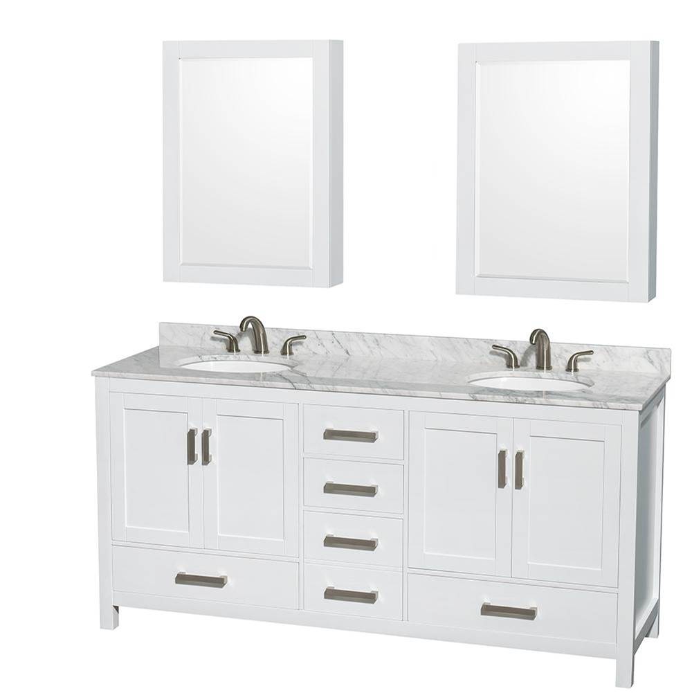 Wyndham Collection Sheffield 72 Inch Double Bathroom Vanity in White, White Carrara Marble Countertop, Undermount Oval Sinks, and Medicine Cabinets