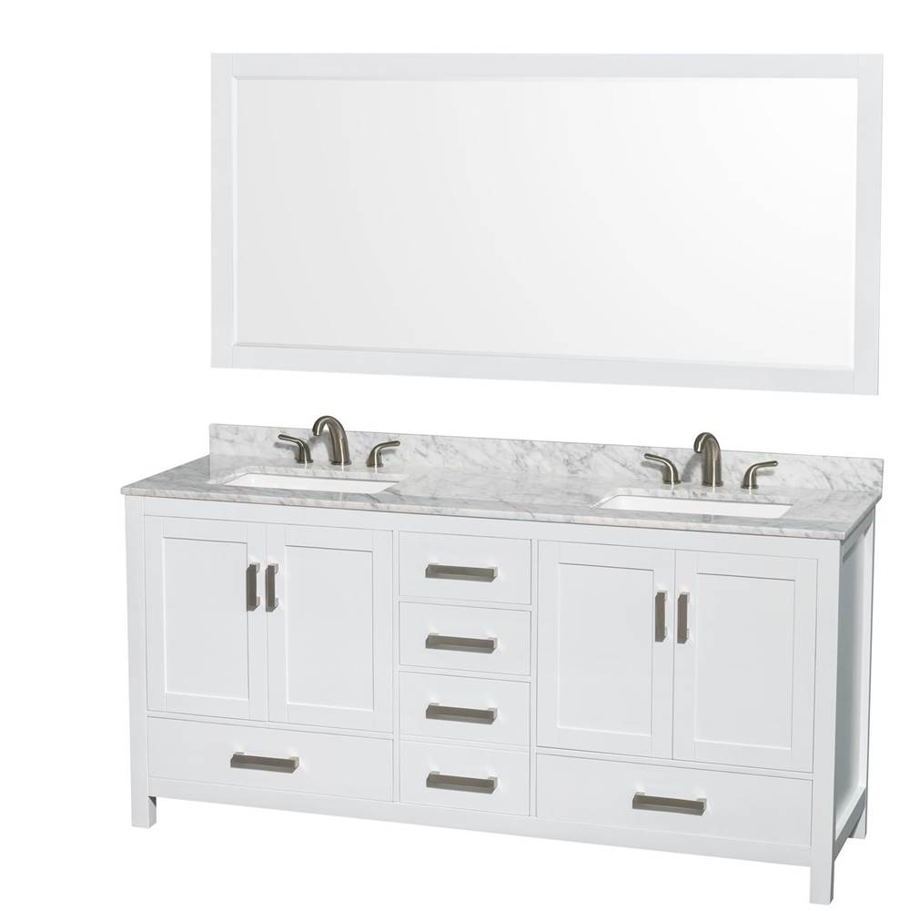 Wyndham Collection Sheffield 72 Inch Double Bathroom Vanity in White, White Carrara Marble Countertop, Undermount 3-Hole Square Sinks, 70 Inch Mirror