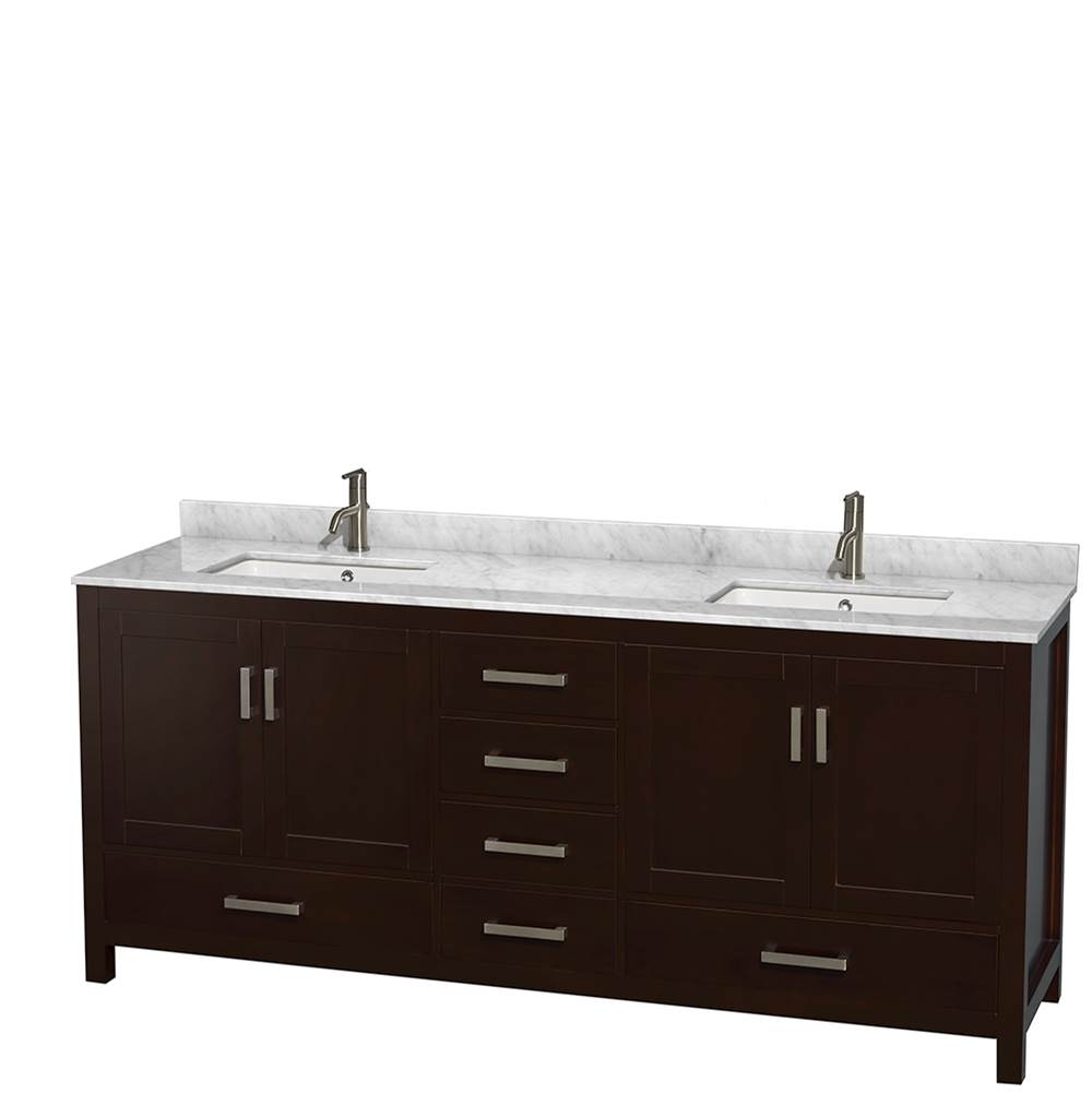 Wyndham Collection Sheffield 80 Inch Double Bathroom Vanity in Espresso, White Carrara Marble Countertop, Undermount Square Sinks, and No Mirror