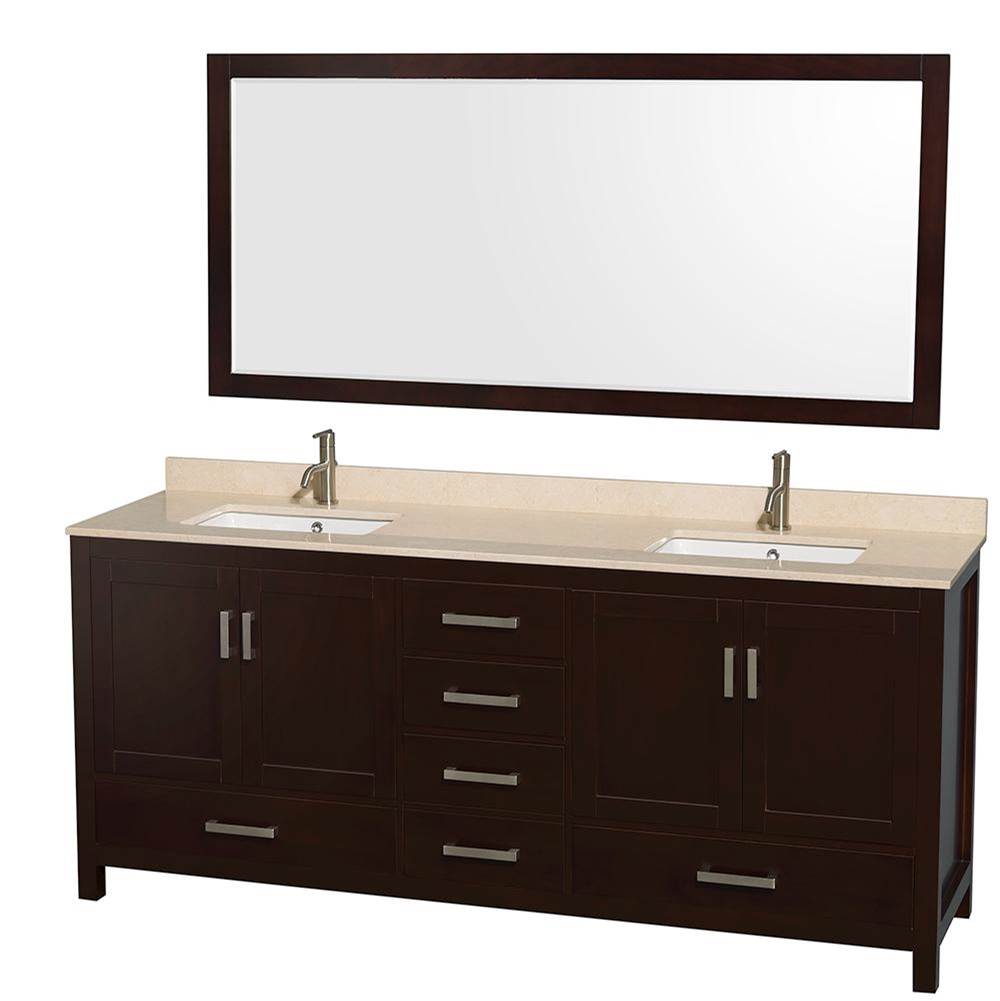Wyndham Collection Sheffield 80 Inch Double Bathroom Vanity in Espresso, Ivory Marble Countertop, Undermount Square Sinks, and 70 Inch Mirror