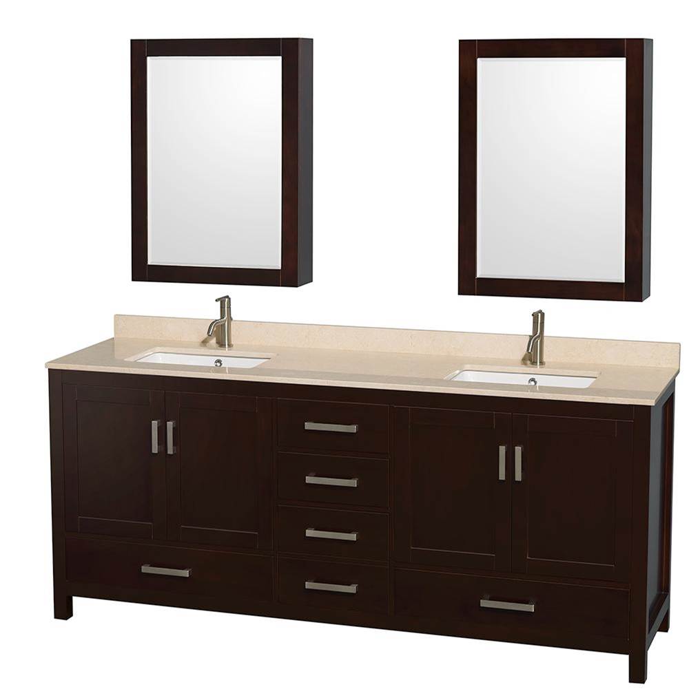 Wyndham Collection Sheffield 80 Inch Double Bathroom Vanity in Espresso, Ivory Marble Countertop, Undermount Square Sinks, and Medicine Cabinets