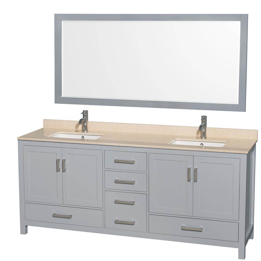 Wyndham Collection Sheffield 80 Inch Double Bathroom Vanity in Gray, Ivory Marble Countertop, Undermount Square Sinks, and 70 Inch Mirror