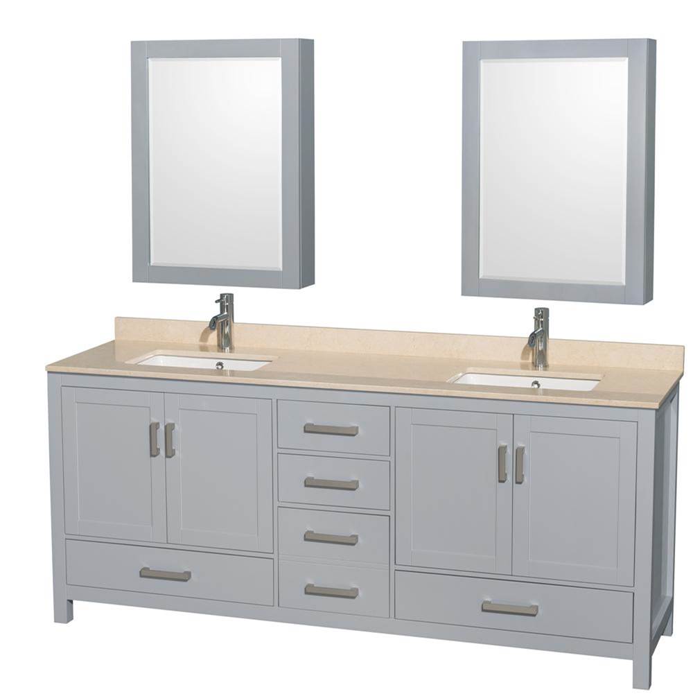 Wyndham Collection Sheffield 80 Inch Double Bathroom Vanity in Gray, Ivory Marble Countertop, Undermount Square Sinks, and Medicine Cabinets