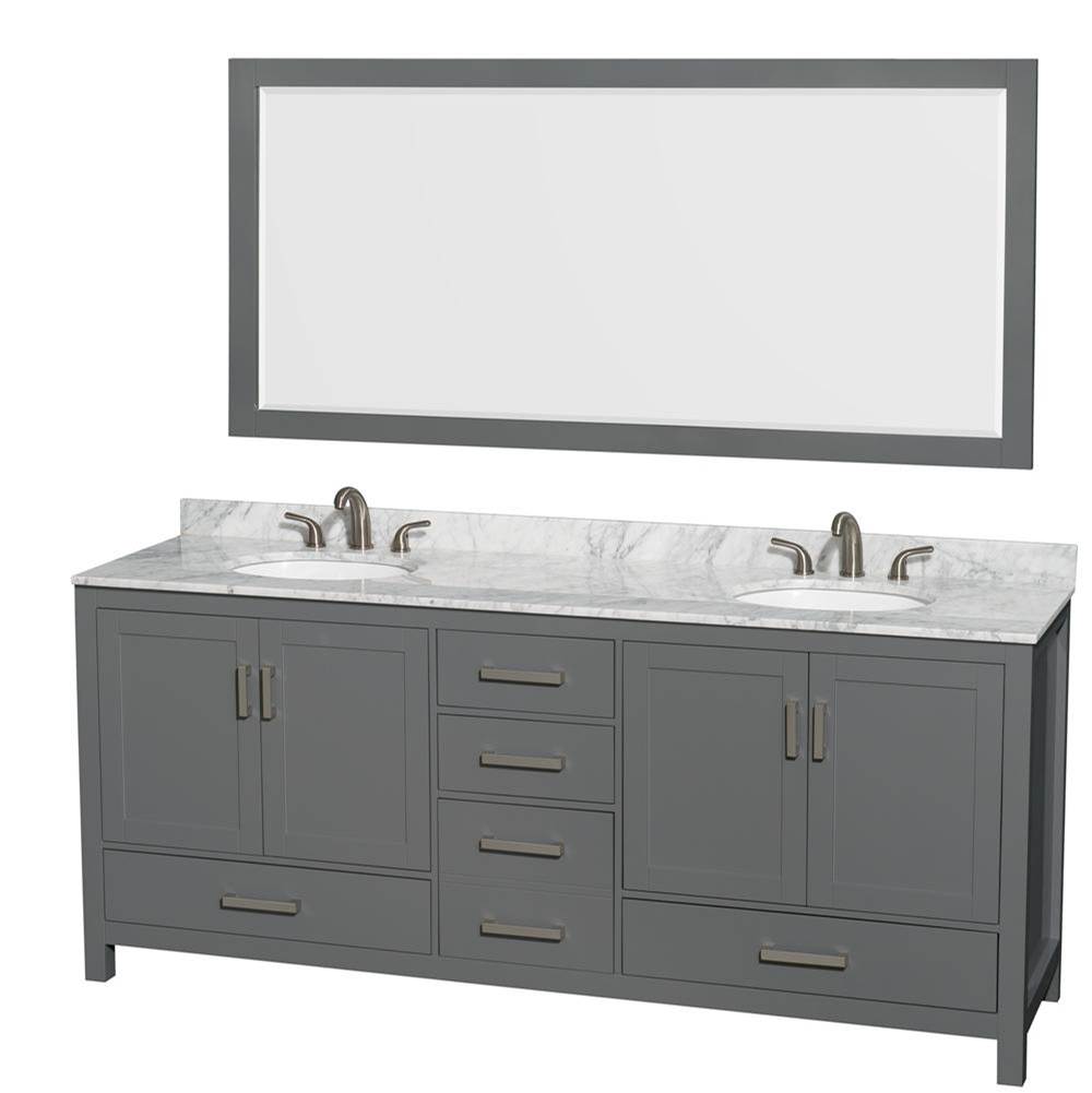 Wyndham Collection Sheffield 80 Inch Double Bathroom Vanity in Dark Gray, White Carrara Marble Countertop, Undermount Oval Sinks, and 70 Inch Mirror