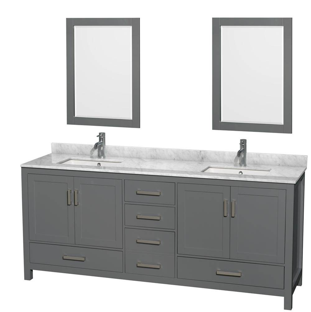 Wyndham Collection Sheffield 80 Inch Double Bathroom Vanity in Dark Gray, White Carrara Marble Countertop, Undermount Square Sinks, and 24 Inch Mirrors