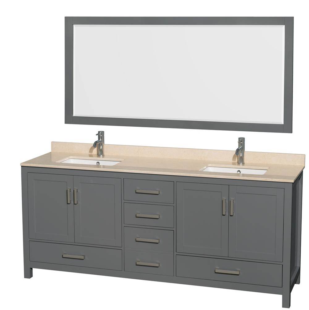 Wyndham Collection Sheffield 80 Inch Double Bathroom Vanity in Dark Gray, Ivory Marble Countertop, Undermount Square Sinks, and 70 Inch Mirror