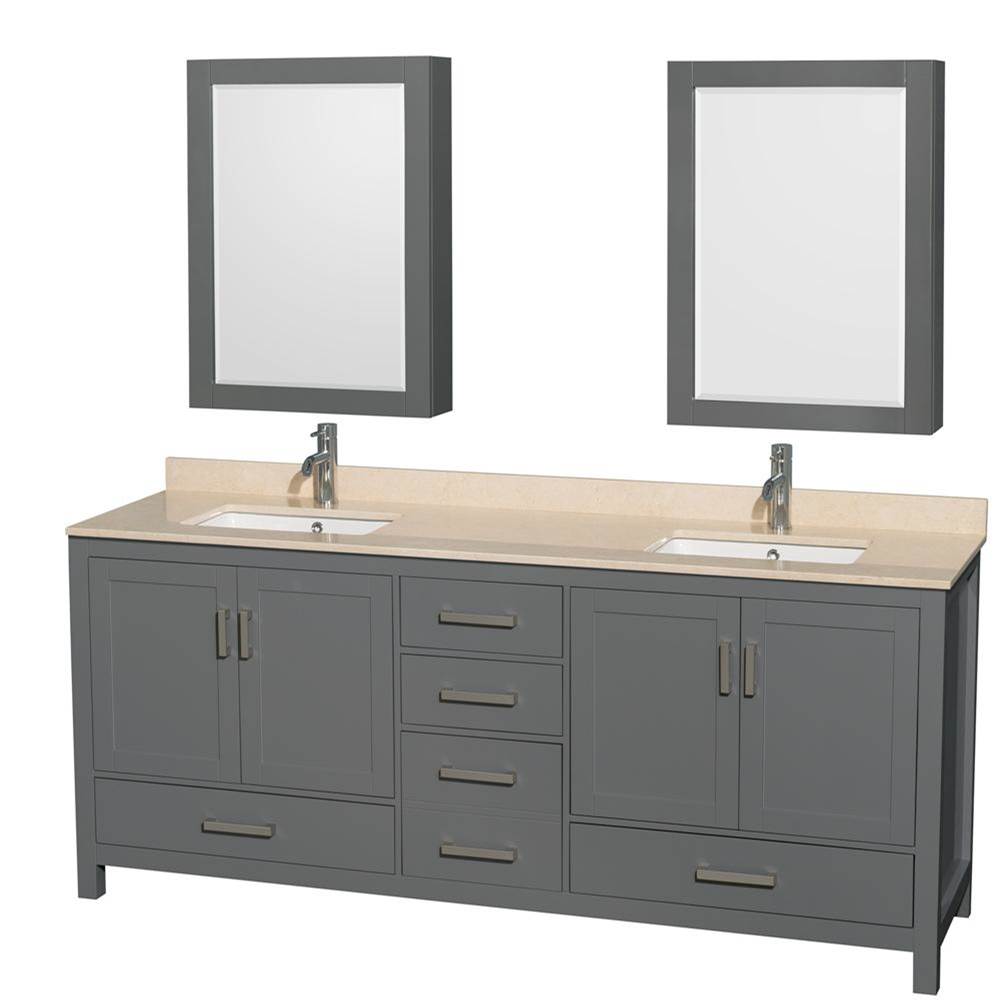 Wyndham Collection Sheffield 80 Inch Double Bathroom Vanity in Dark Gray, Ivory Marble Countertop, Undermount Square Sinks, and Medicine Cabinets