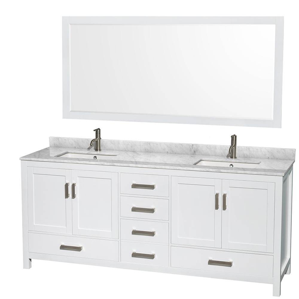 Wyndham Collection Sheffield 80 Inch Double Bathroom Vanity in White, White Carrara Marble Countertop, Undermount Square Sinks, and 70 Inch Mirror