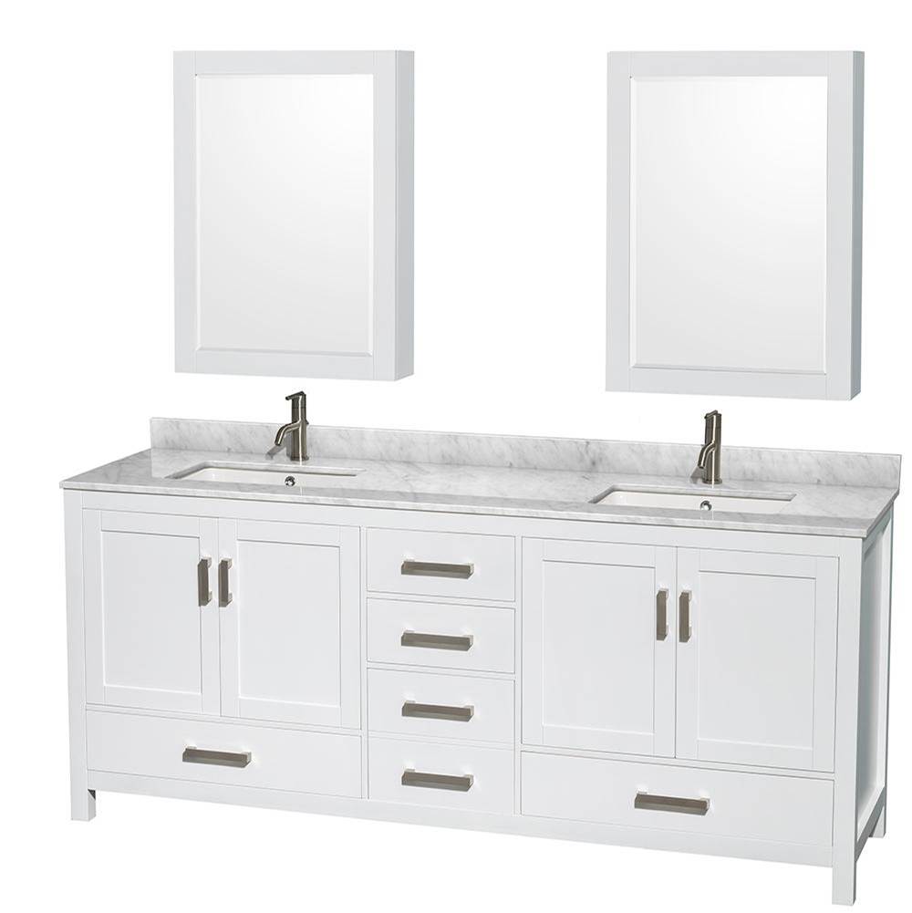 Wyndham Collection Sheffield 80 Inch Double Bathroom Vanity in White, White Carrara Marble Countertop, Undermount Square Sinks, and Medicine Cabinets
