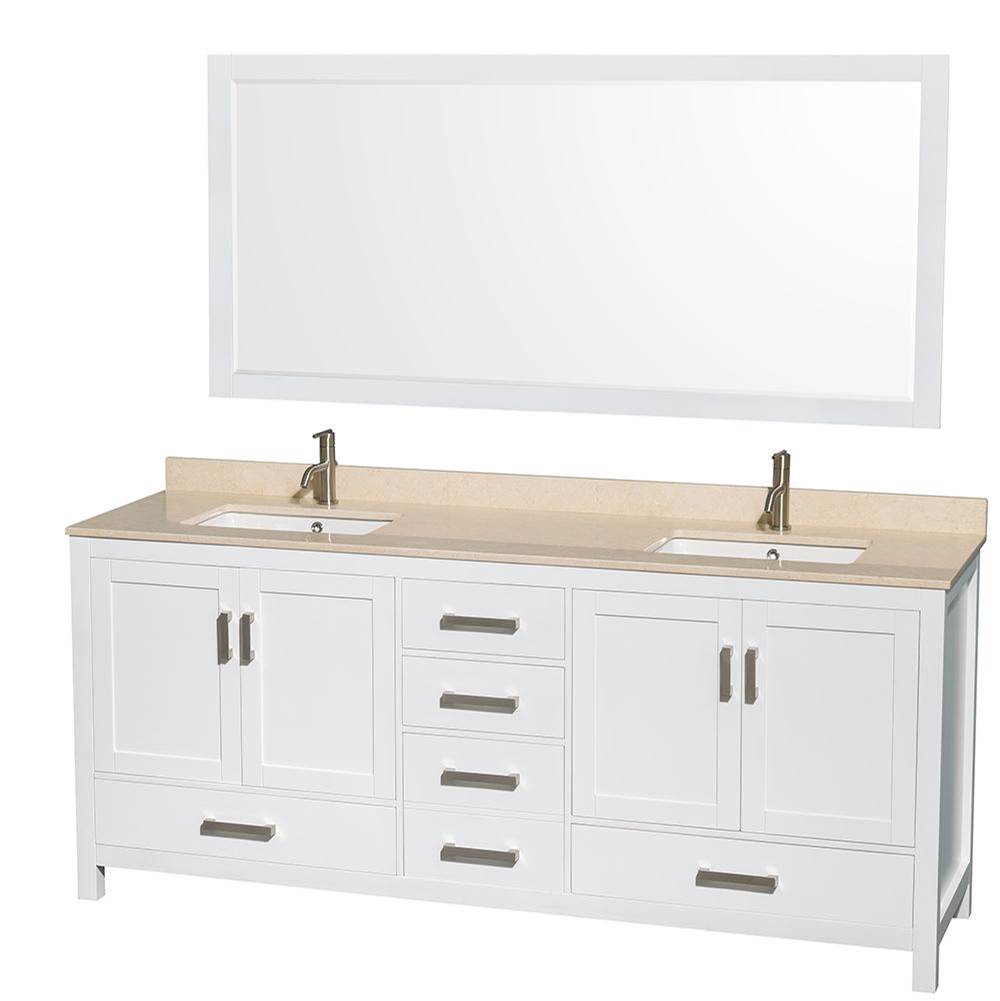 Wyndham Collection Sheffield 80 Inch Double Bathroom Vanity in White, Ivory Marble Countertop, Undermount Square Sinks, and 70 Inch Mirror