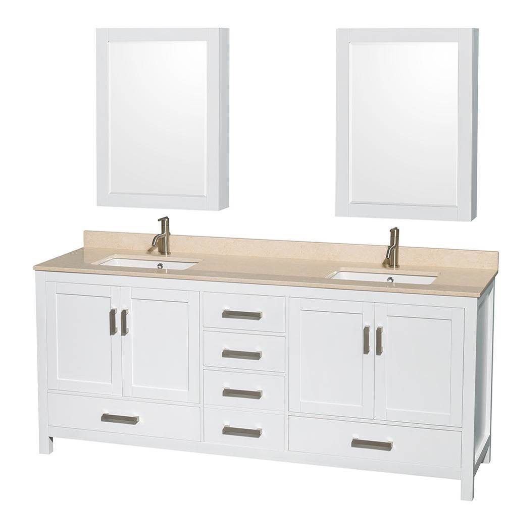 Wyndham Collection Sheffield 80 Inch Double Bathroom Vanity in White, Ivory Marble Countertop, Undermount Square Sinks, and Medicine Cabinets