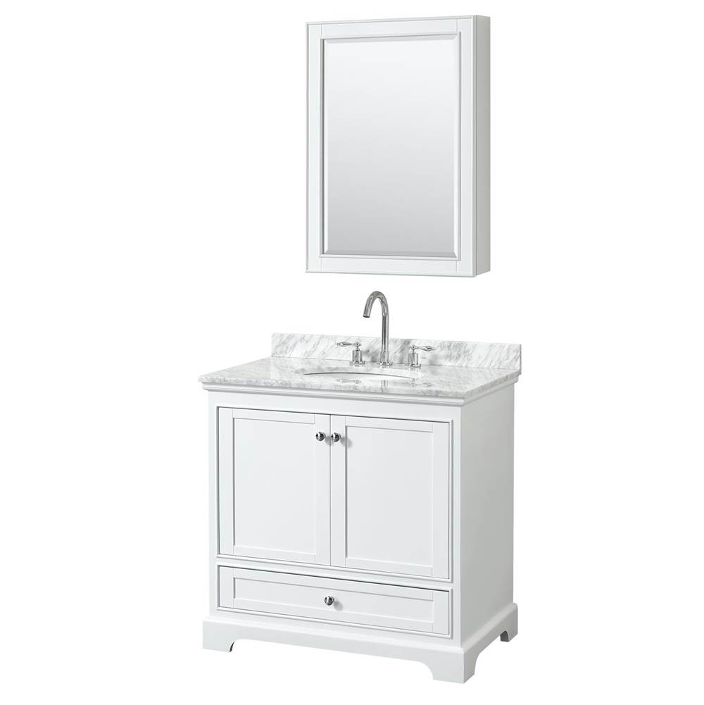 Wyndham Collection Deborah 36 Inch Single Bathroom Vanity in White, White Carrara Marble Countertop, Undermount Oval Sink, and Medicine Cabinet