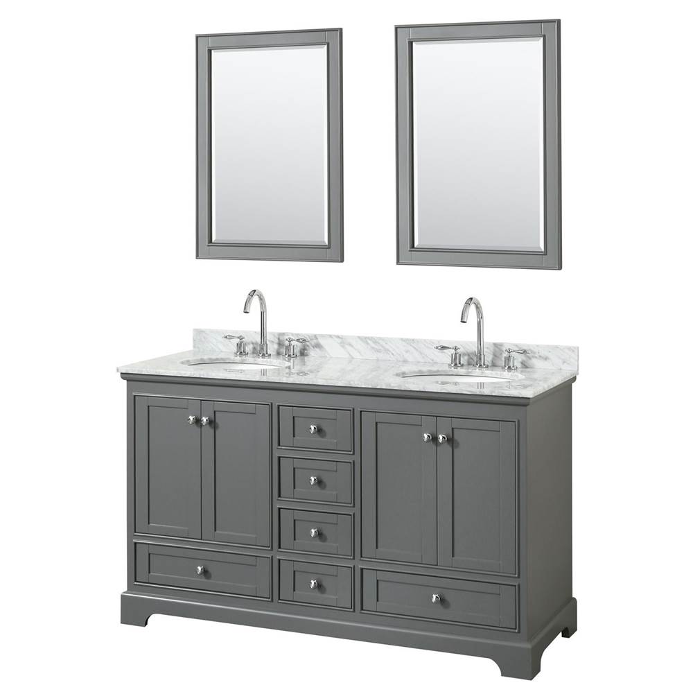 Wyndham Collection Deborah 60 Inch Double Bathroom Vanity in Dark Gray, White Carrara Marble Countertop, Undermount Oval Sinks, and 24 Inch Mirrors