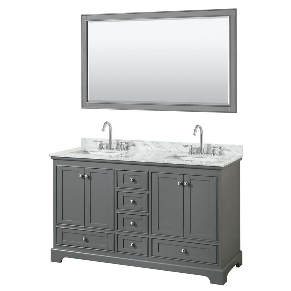 Wyndham Collection Deborah 60 Inch Double Bathroom Vanity in Dark Gray, White Carrara Marble Countertop, Undermount Square Sinks, and 58 Inch Mirror
