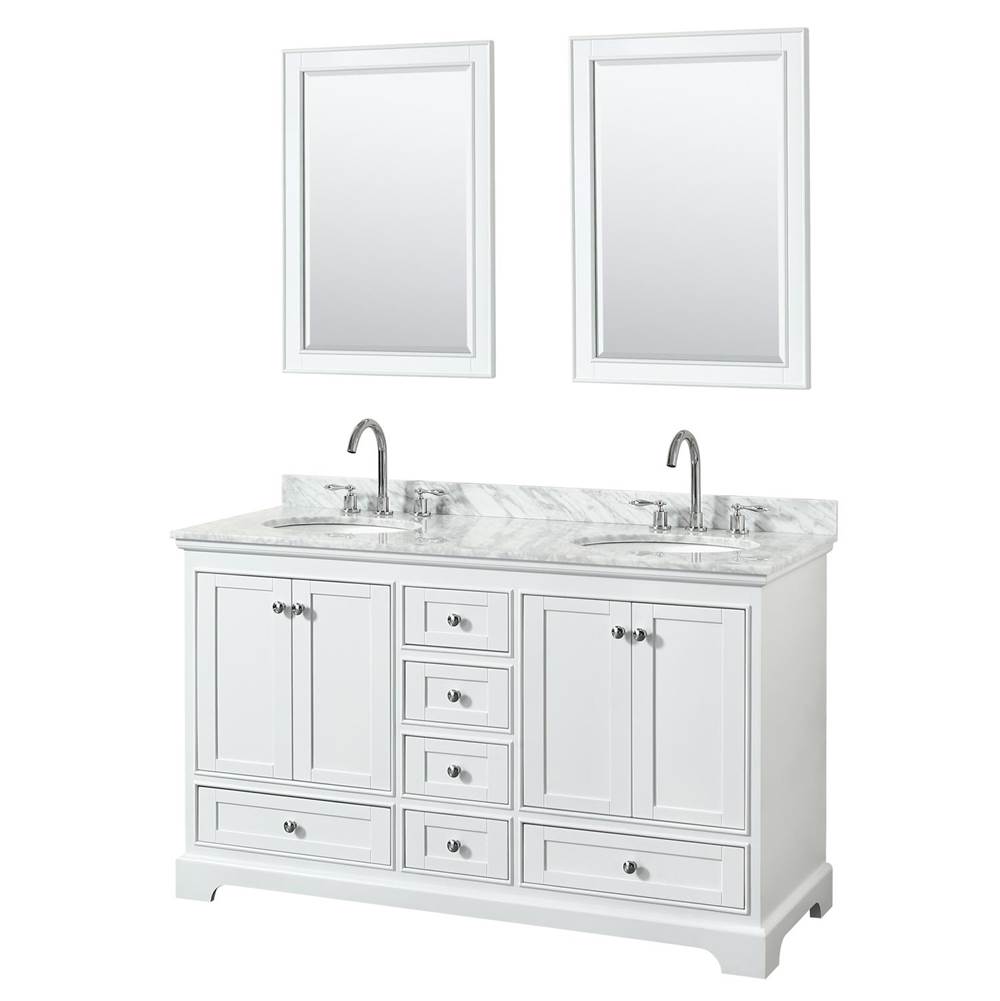 Wyndham Collection Deborah 60 Inch Double Bathroom Vanity in White, White Carrara Marble Countertop, Undermount Oval Sinks, and 24 Inch Mirrors