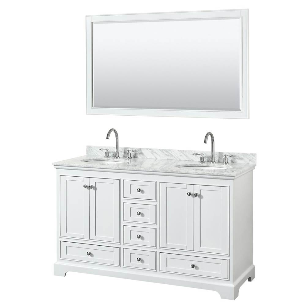 Wyndham Collection Deborah 60 Inch Double Bathroom Vanity in White, White Carrara Marble Countertop, Undermount Oval Sinks, and 58 Inch Mirror