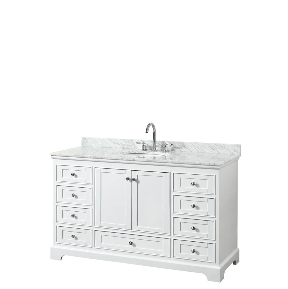 Wyndham Collection Deborah 60 Inch Single Bathroom Vanity in White, White Carrara Marble Countertop, Undermount Oval Sink, and No Mirror