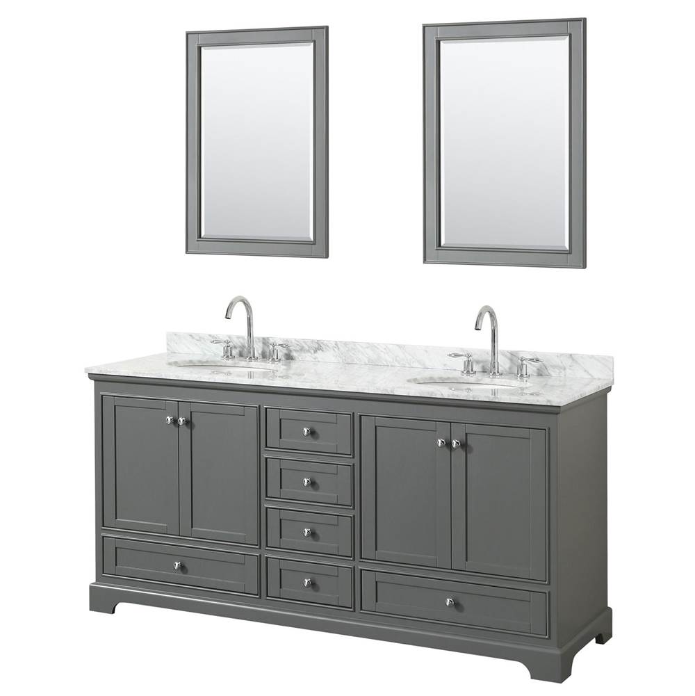 Wyndham Collection Deborah 72 Inch Double Bathroom Vanity in Dark Gray, White Carrara Marble Countertop, Undermount Oval Sinks, and 24 Inch Mirrors