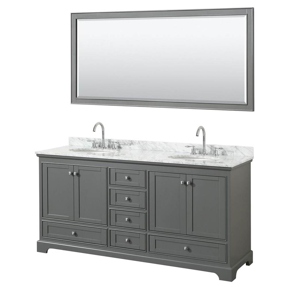 Wyndham Collection Deborah 72 Inch Double Bathroom Vanity in Dark Gray, White Carrara Marble Countertop, Undermount Oval Sinks, and 70 Inch Mirror