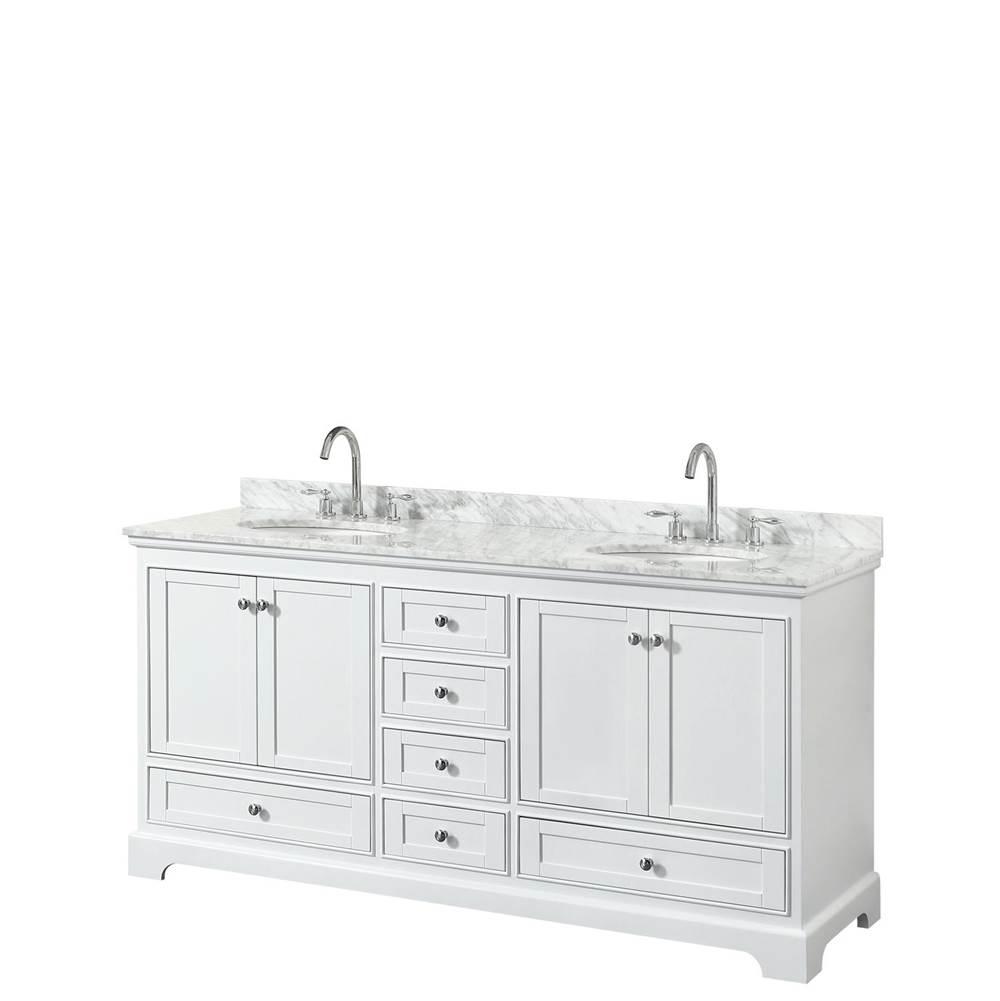 Wyndham Collection Deborah 72 Inch Double Bathroom Vanity in White, White Carrara Marble Countertop, Undermount Oval Sinks, and No Mirrors
