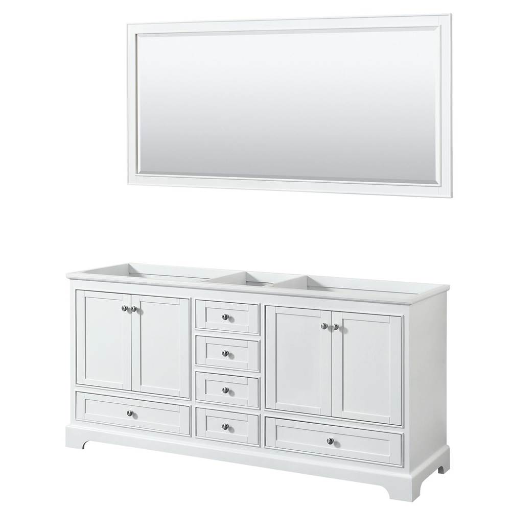 Wyndham Collection Deborah 72 Inch Double Bathroom Vanity in White, No Countertop, No Sinks, and 70 Inch Mirror