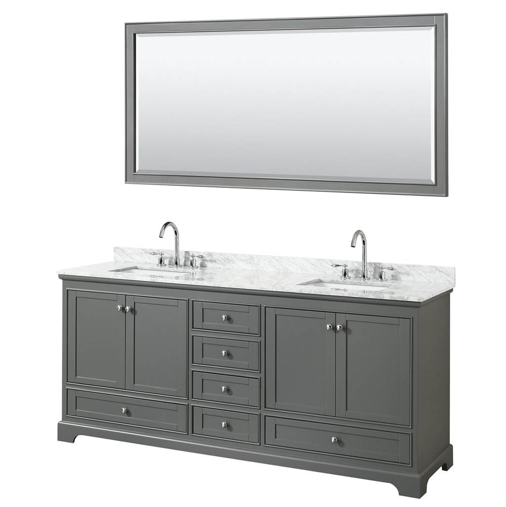 Wyndham Collection Deborah 80 Inch Double Bathroom Vanity in Dark Gray, White Carrara Marble Countertop, Undermount Square Sinks, and 70 Inch Mirror