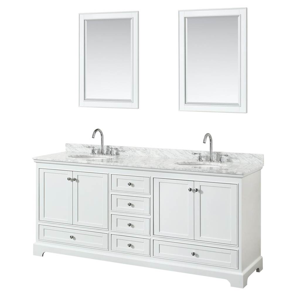 Wyndham Collection Deborah 80 Inch Double Bathroom Vanity in White, White Carrara Marble Countertop, Undermount Oval Sinks, and 24 Inch Mirrors