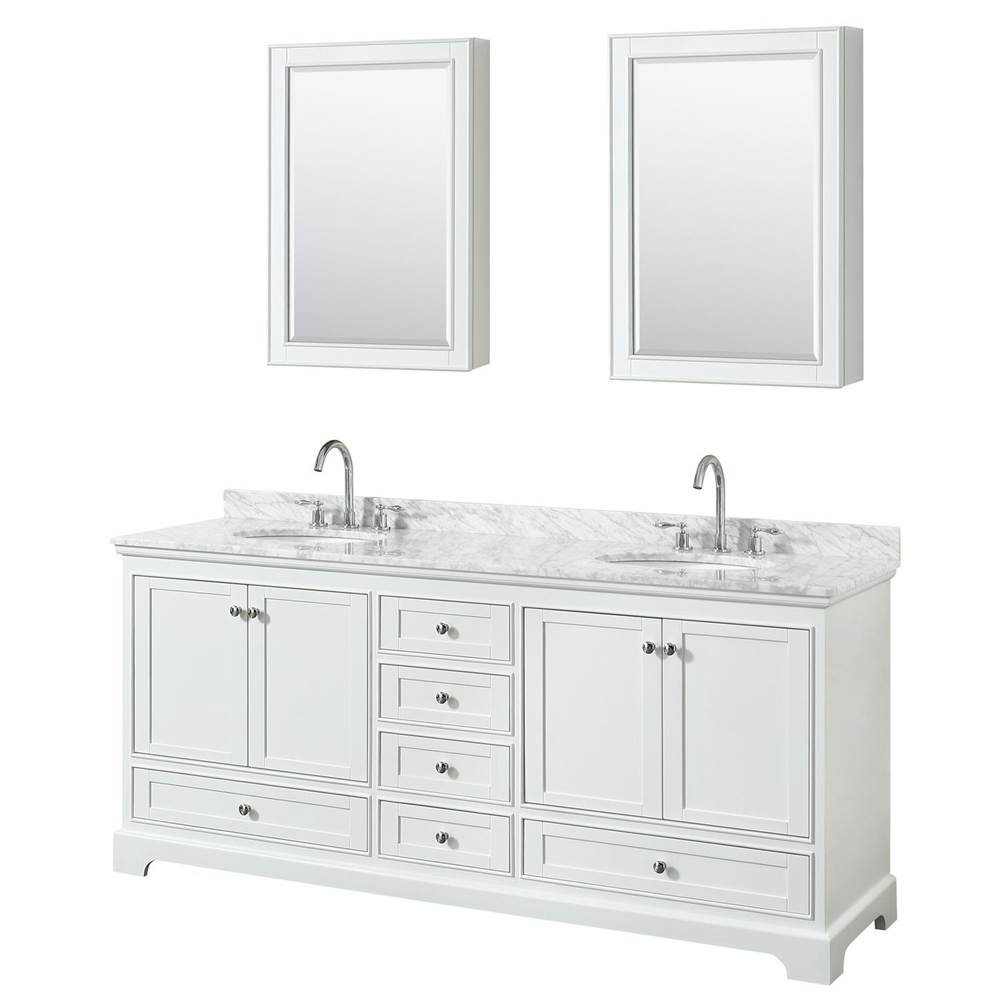 Wyndham Collection Deborah 80 Inch Double Bathroom Vanity in White, White Carrara Marble Countertop, Undermount Oval Sinks, and Medicine Cabinets